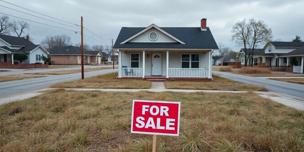 Abandoned house with a 'For Sale' sign in disrepair.