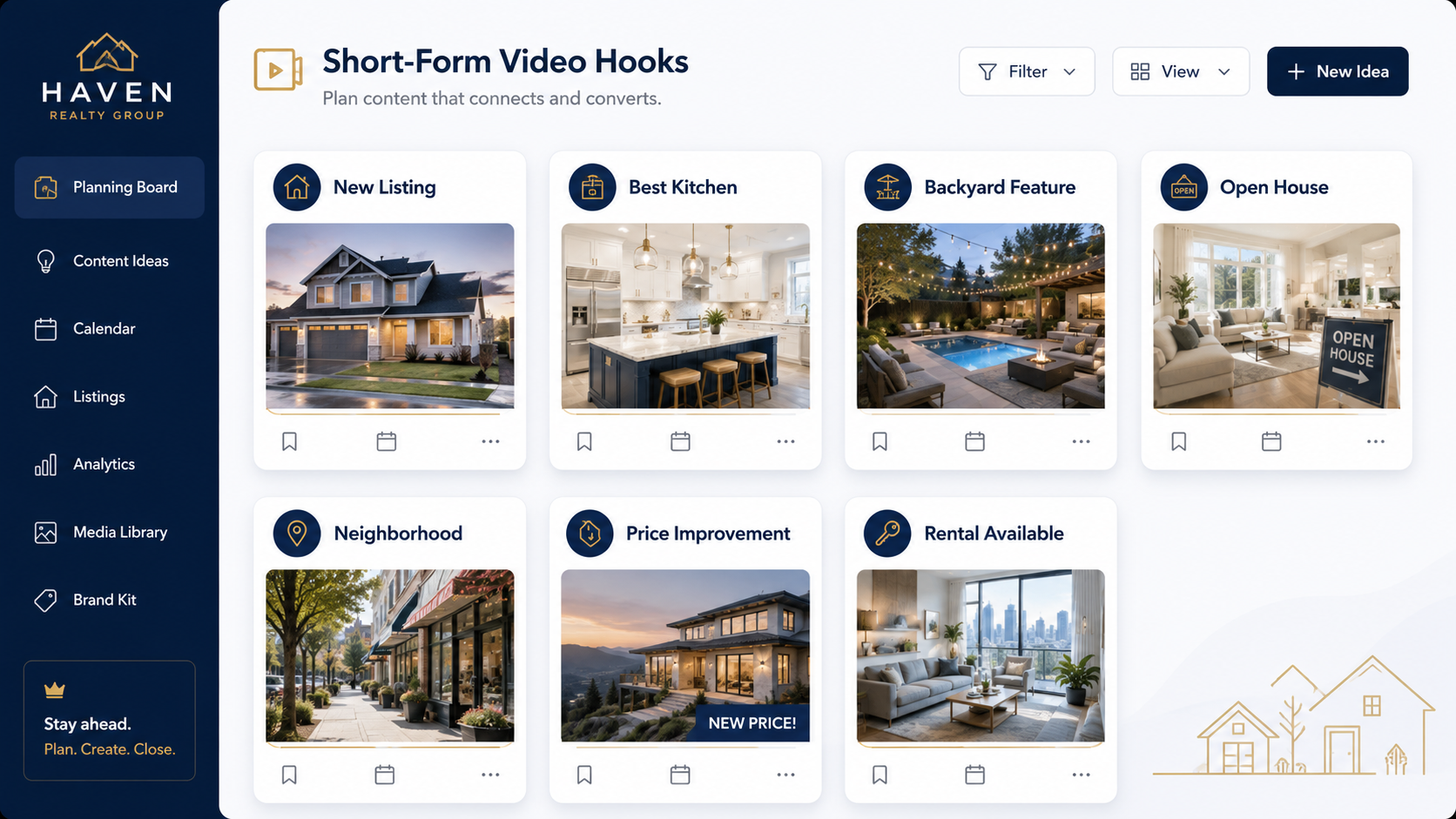 Real estate video hook selection board for automated listing videos