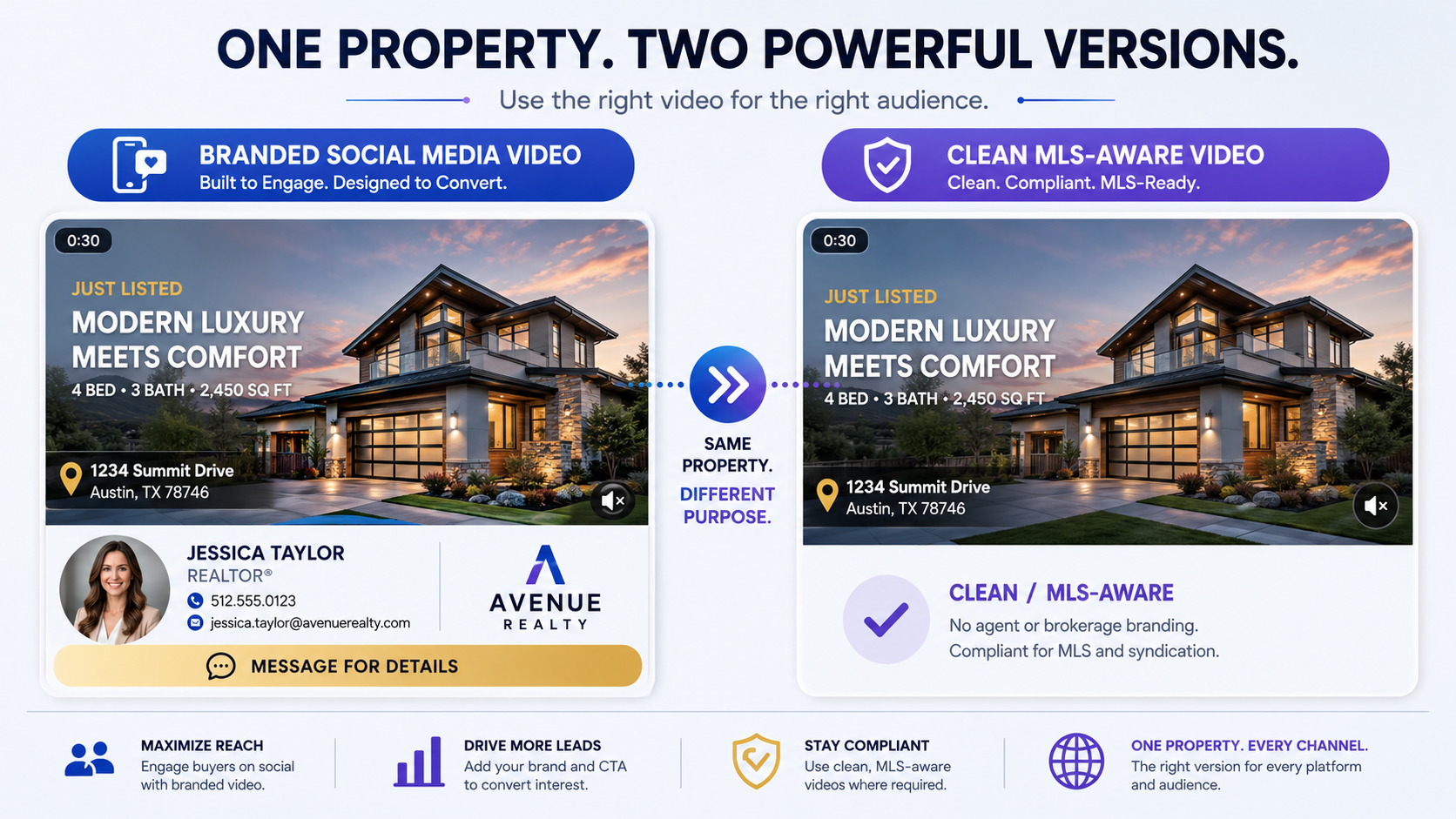 Branded and clean real estate video versions created from the same listing photos.