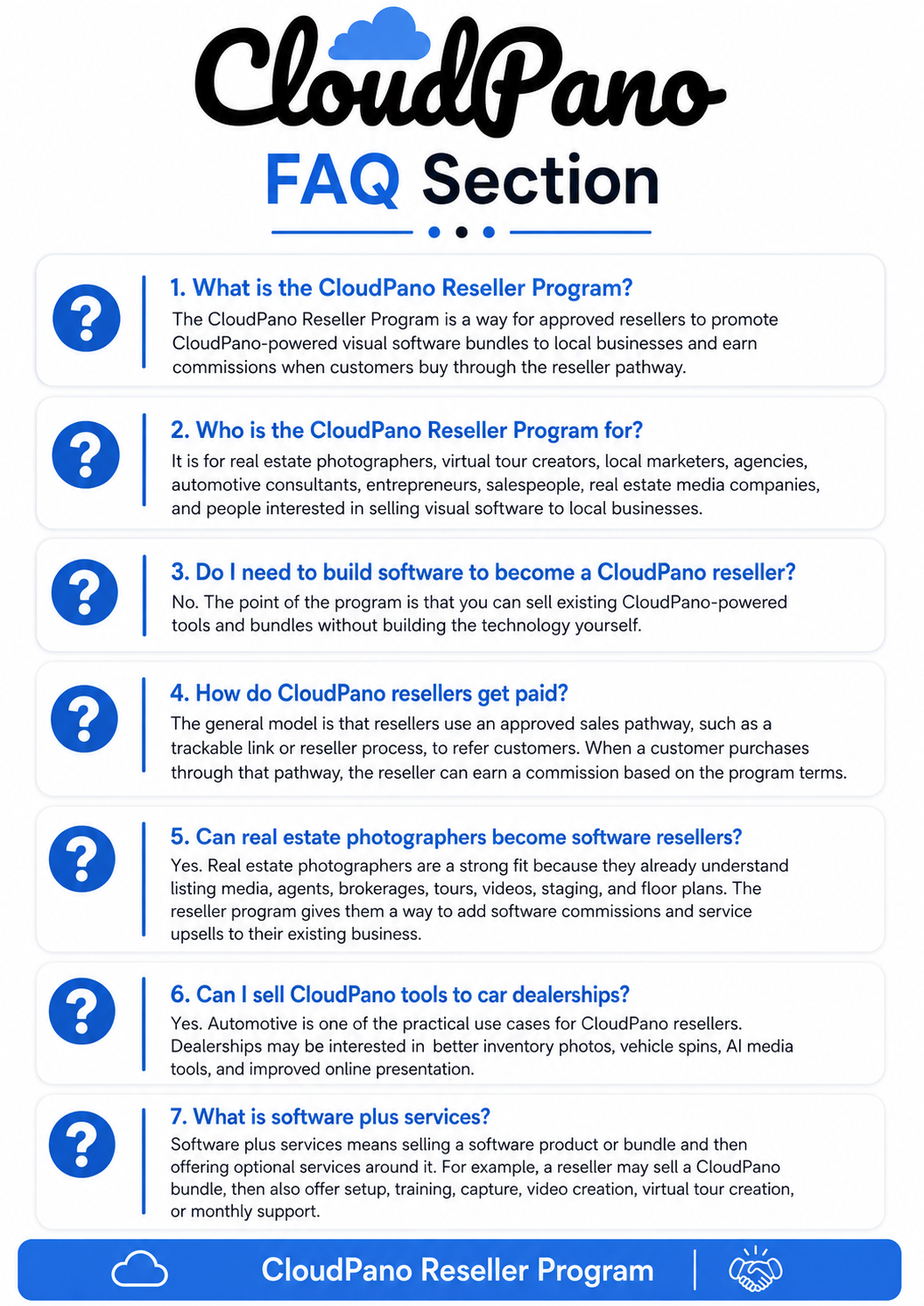 CloudPano Reseller Program FAQ section explaining who the program is for, how resellers get paid, and how software plus services work.