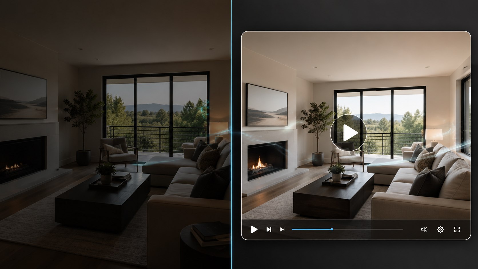 Low-light real estate interior photo transformed into a polished AI video presentation