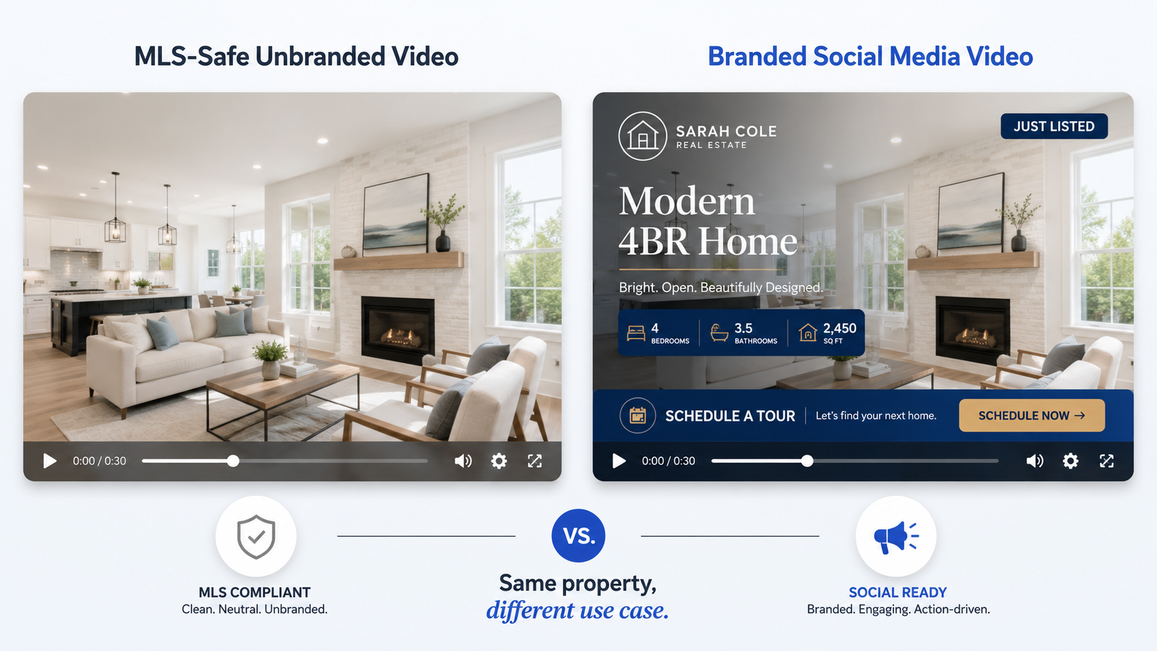 Comparison of MLS-safe unbranded real estate video and branded social media listing video
