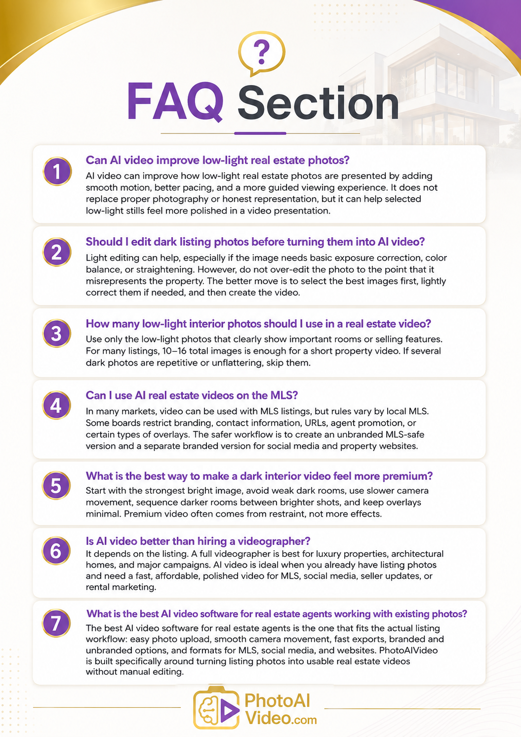 FAQ infographic for PhotoAIVideo explaining how AI video can improve low-light real estate photos, create MLS-safe listing videos, and turn existing property images into polished video presentations.