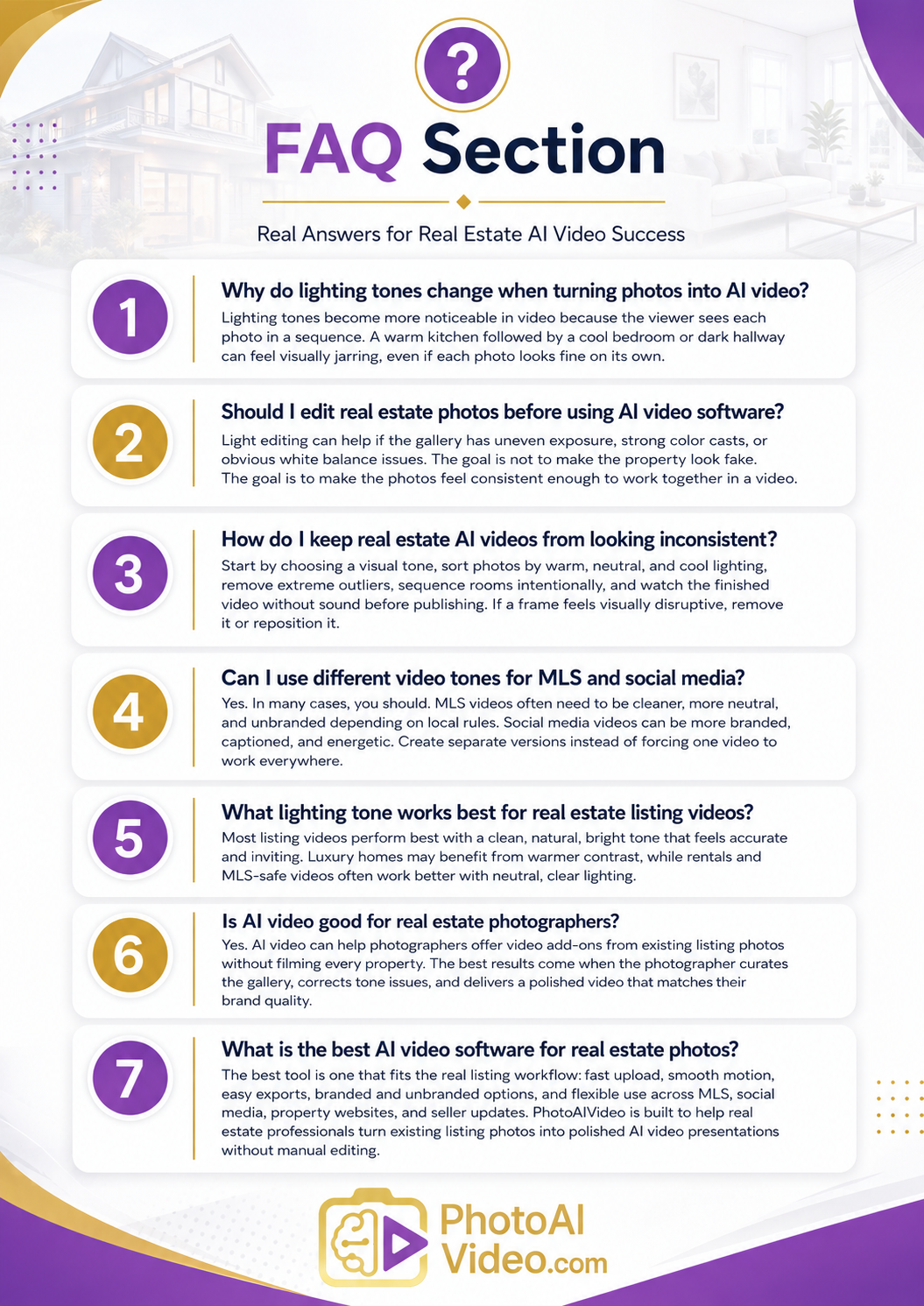 FAQ infographic for PhotoAIVideo explaining how to keep lighting tones consistent when turning real estate photos into AI videos for MLS, social media, and listing marketing.