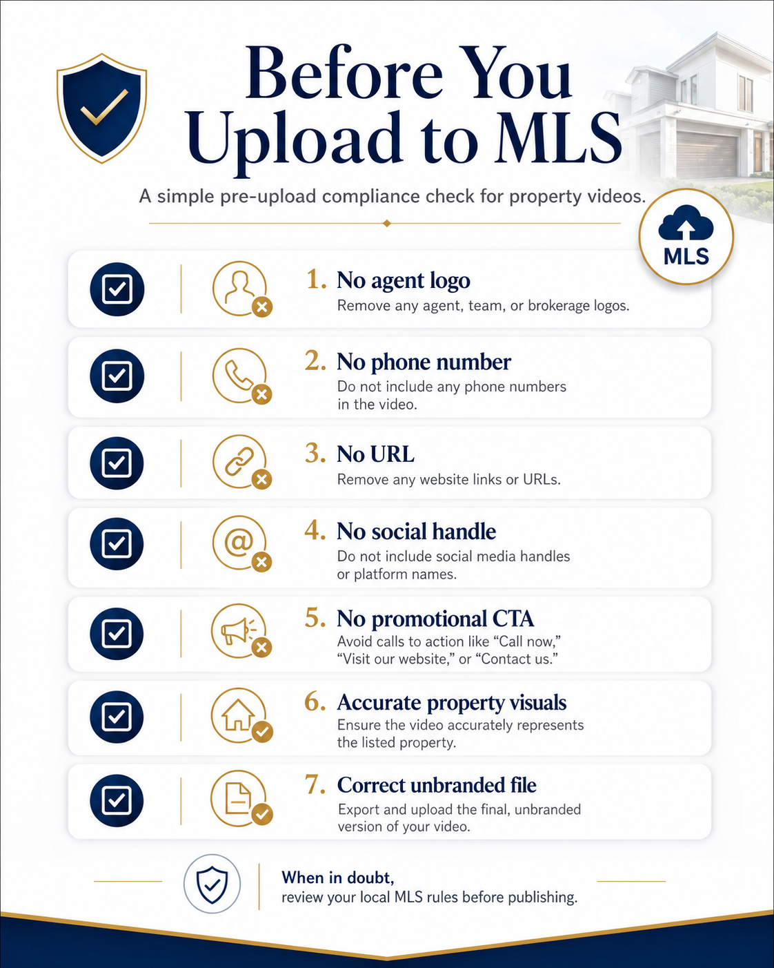 MLS video compliance checklist for real estate agents before uploading property videos