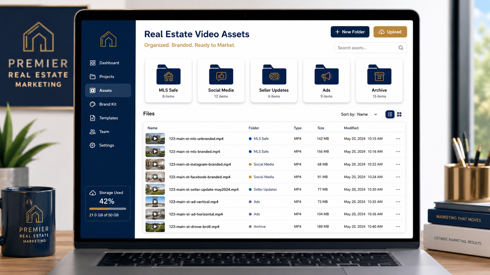 Example real estate video file naming system for MLS-safe, branded social, seller update, and email videos