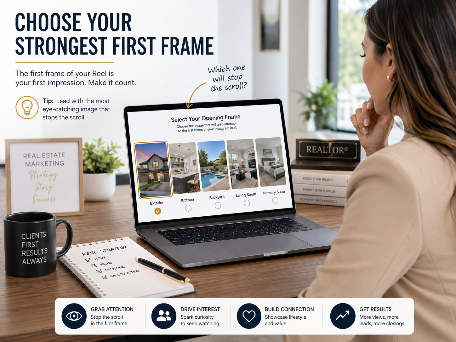 Realtor choosing the best first frame for an Instagram Reel listing video