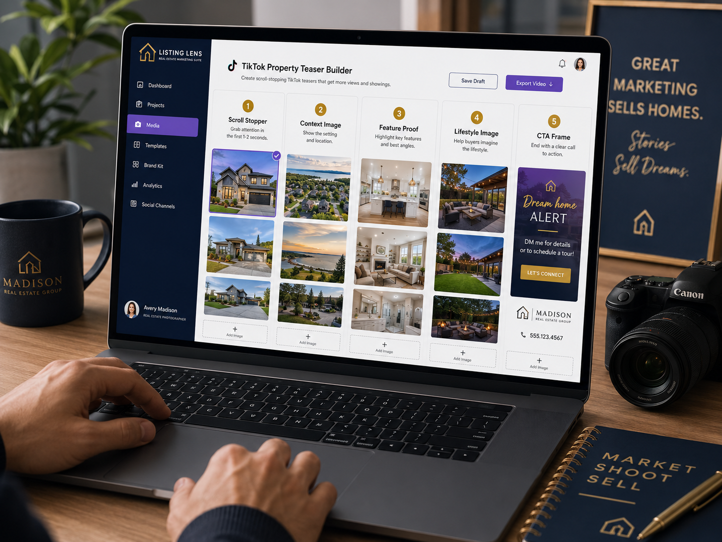 Listing photo selection workflow for creating a TikTok property teaser from five real estate still images