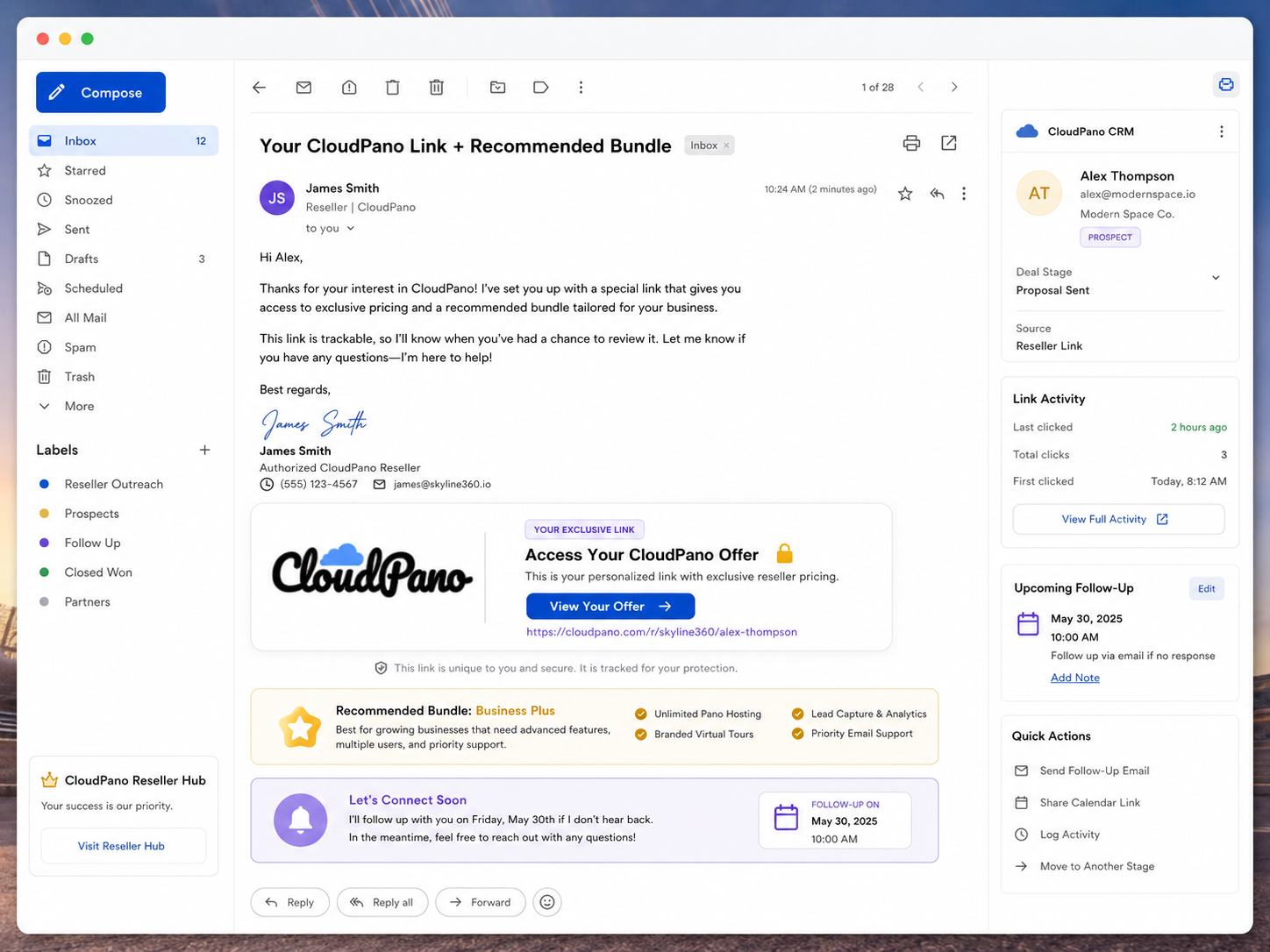 Example email or message showing a CloudPano reseller sending a trackable link with context, recommended bundle, and next-step follow-up.