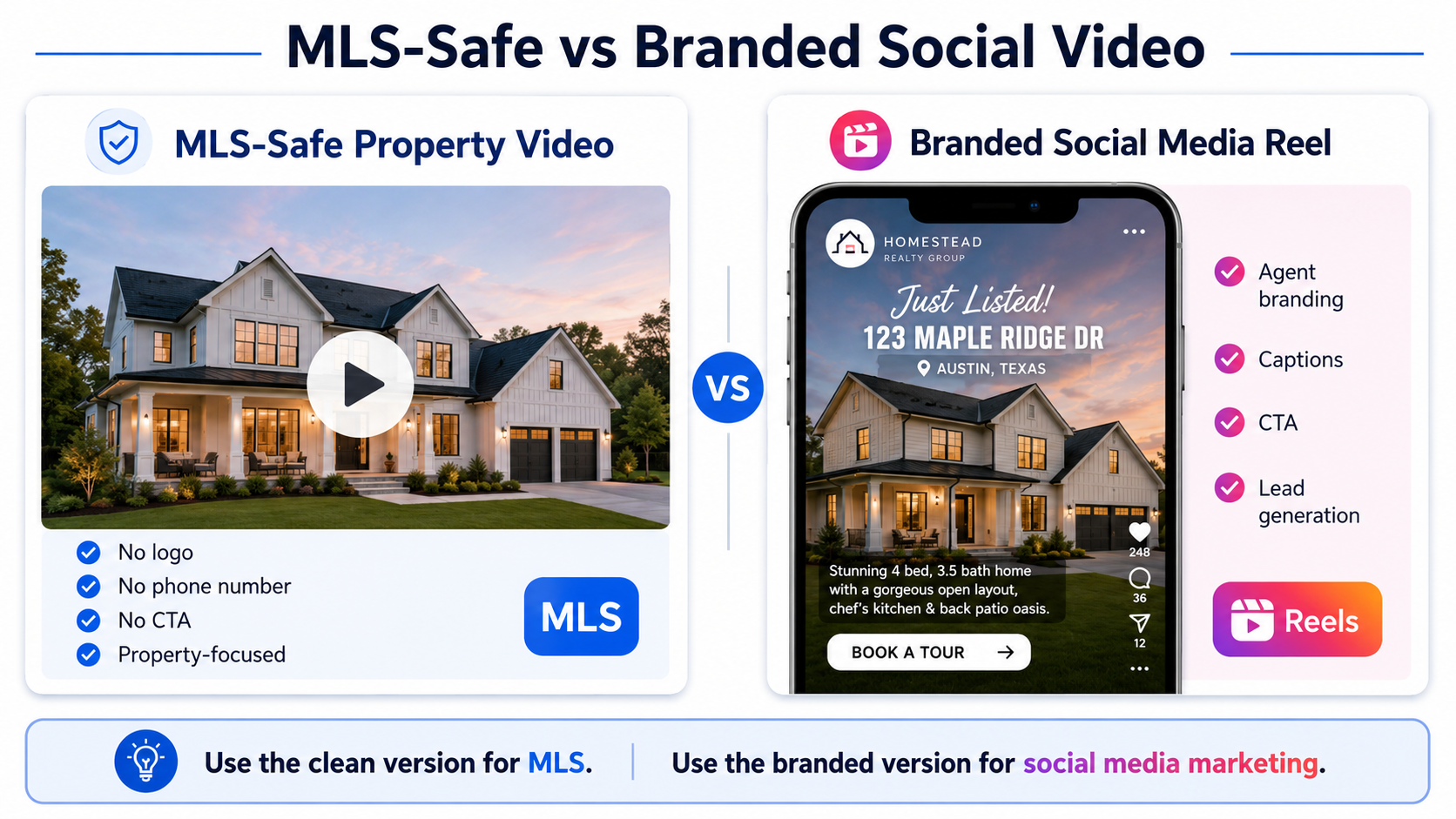 MLS-safe real estate video compared with branded social media listing video