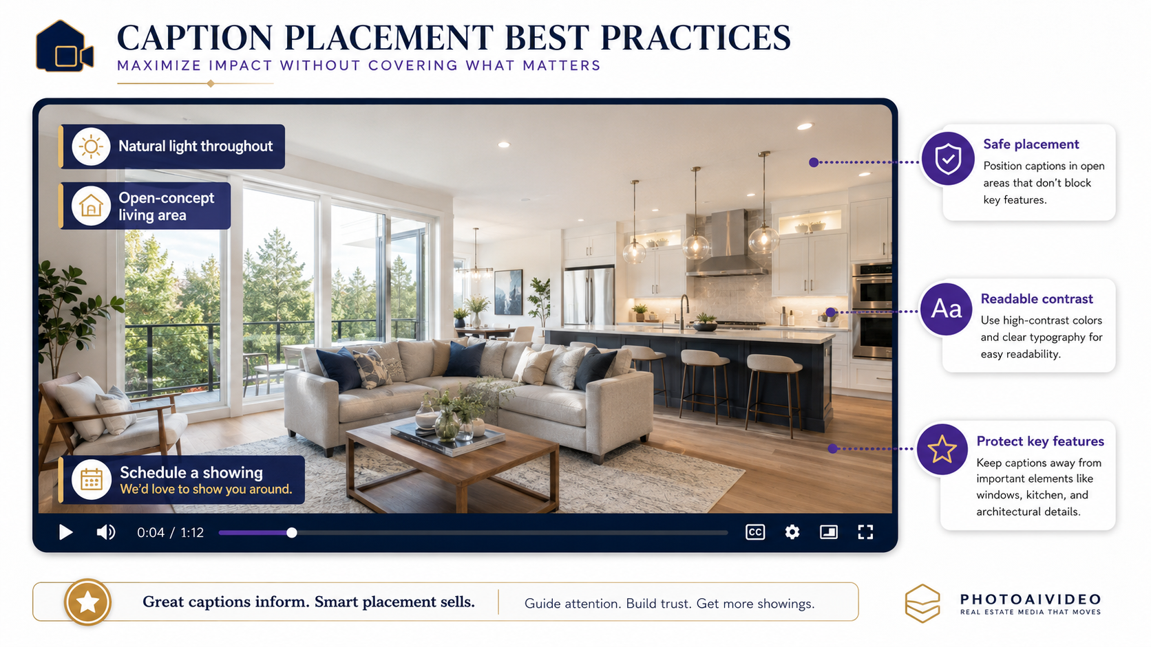 Example of readable caption placement on a real estate listing video without covering property features