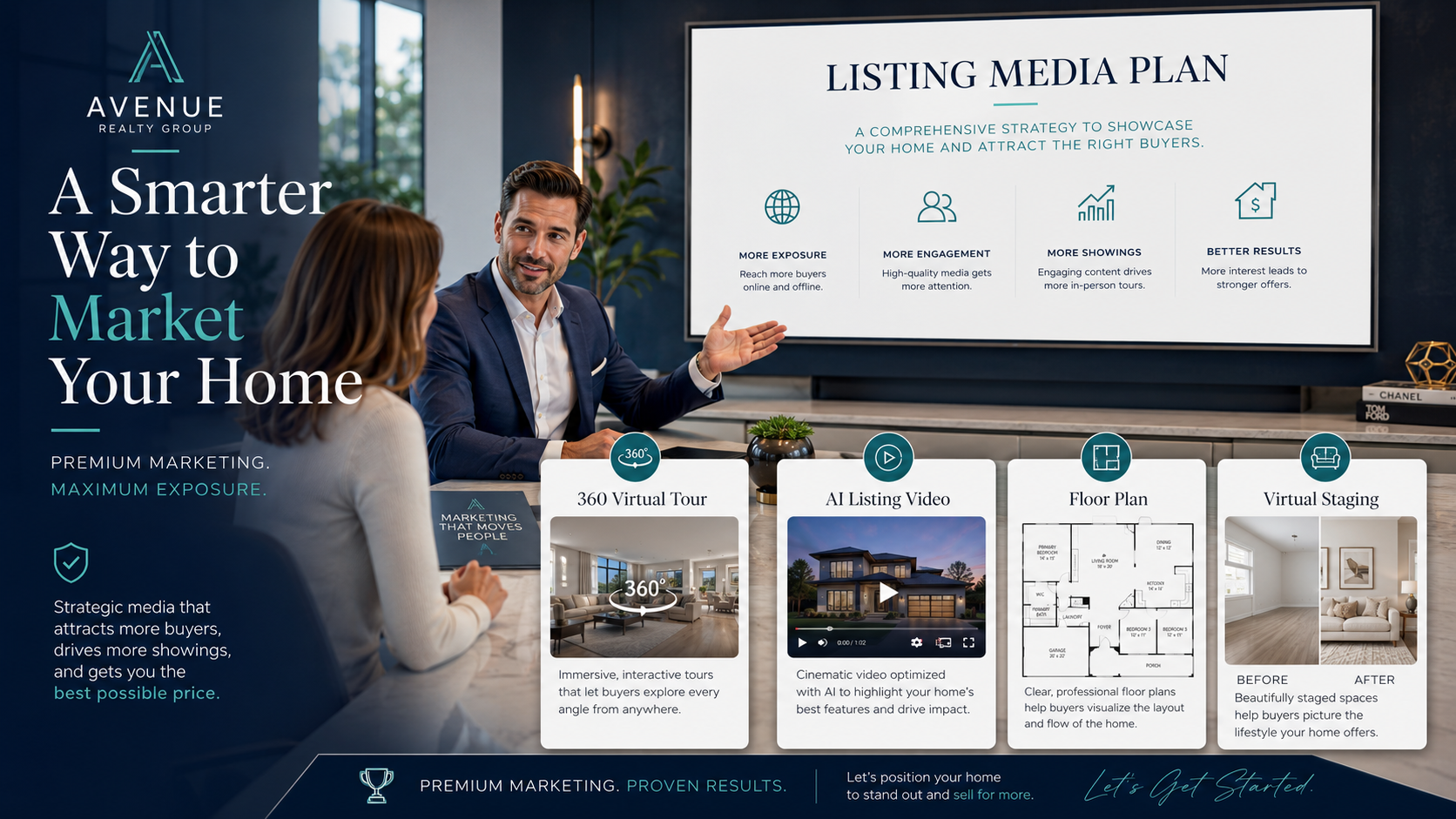 Real estate seller presentation upgrade showing how agents use virtual tours, AI videos, staging, and floor plans to win listings.
