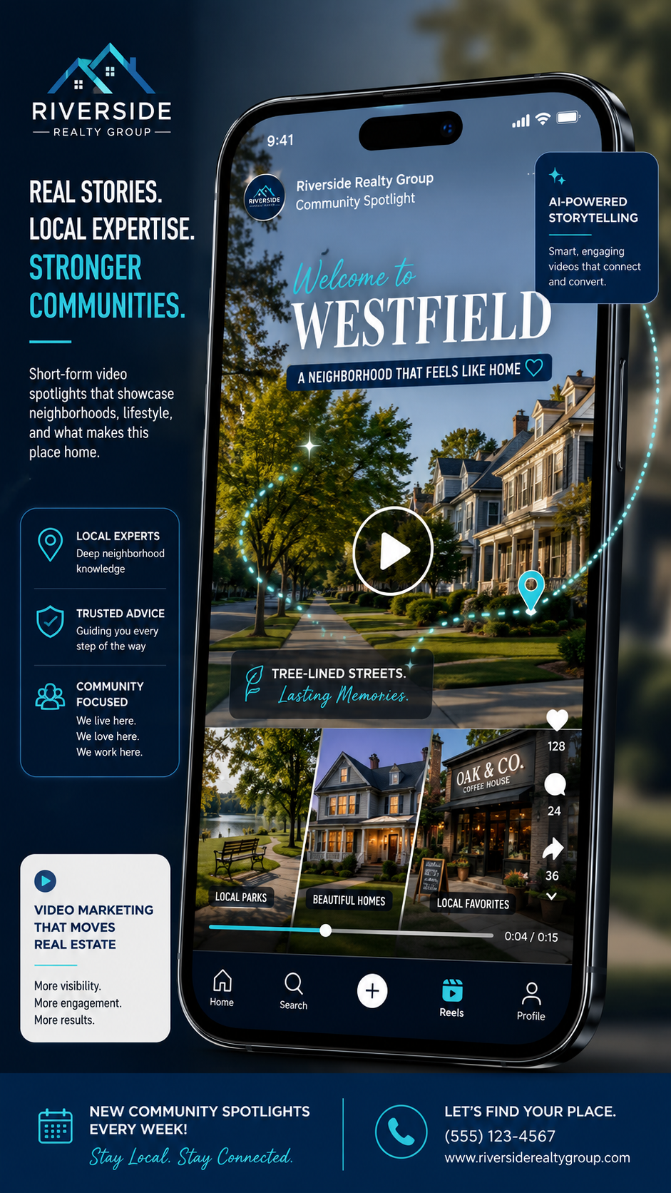 Social media reel mockup showing a community spotlight video for Realtors using AI-generated motion from photos.