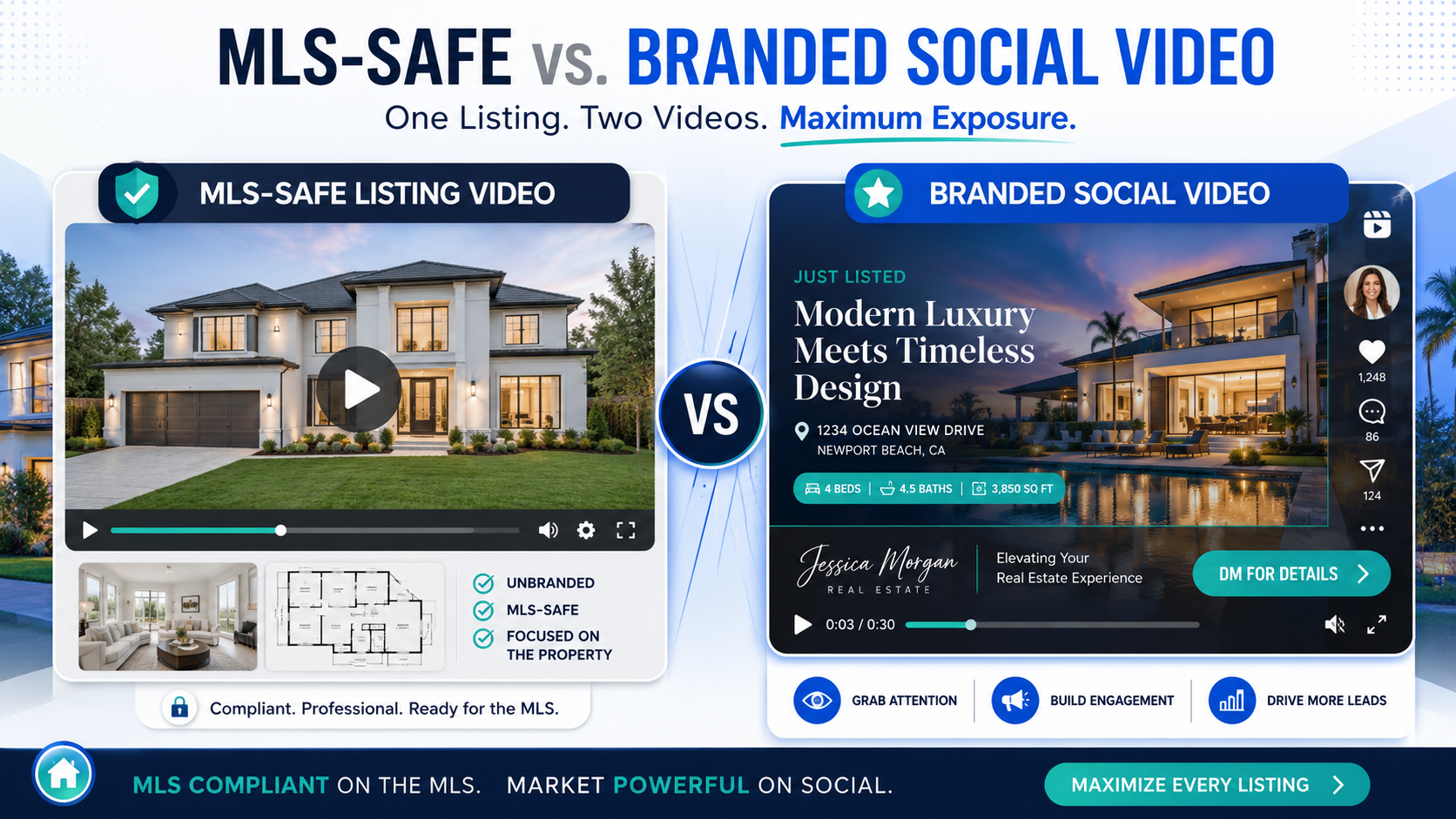 Two-file real estate video workflow showing one MLS-safe unbranded listing video and one branded social media video for agents.
