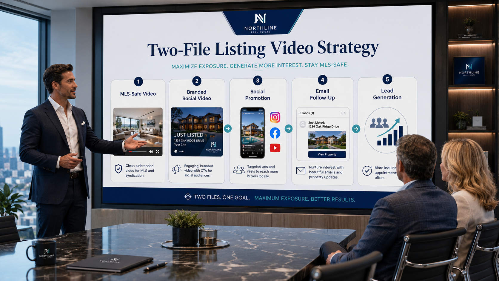 Seller presentation slide explaining the difference between MLS-safe listing videos and branded social videos.