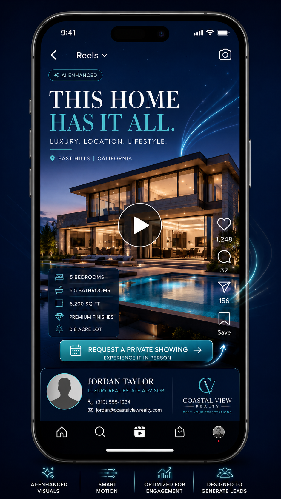 Smartphone mockup showing a Realtor short-form listing Reel with hook text, captions, engagement icons, and showing request CTA.