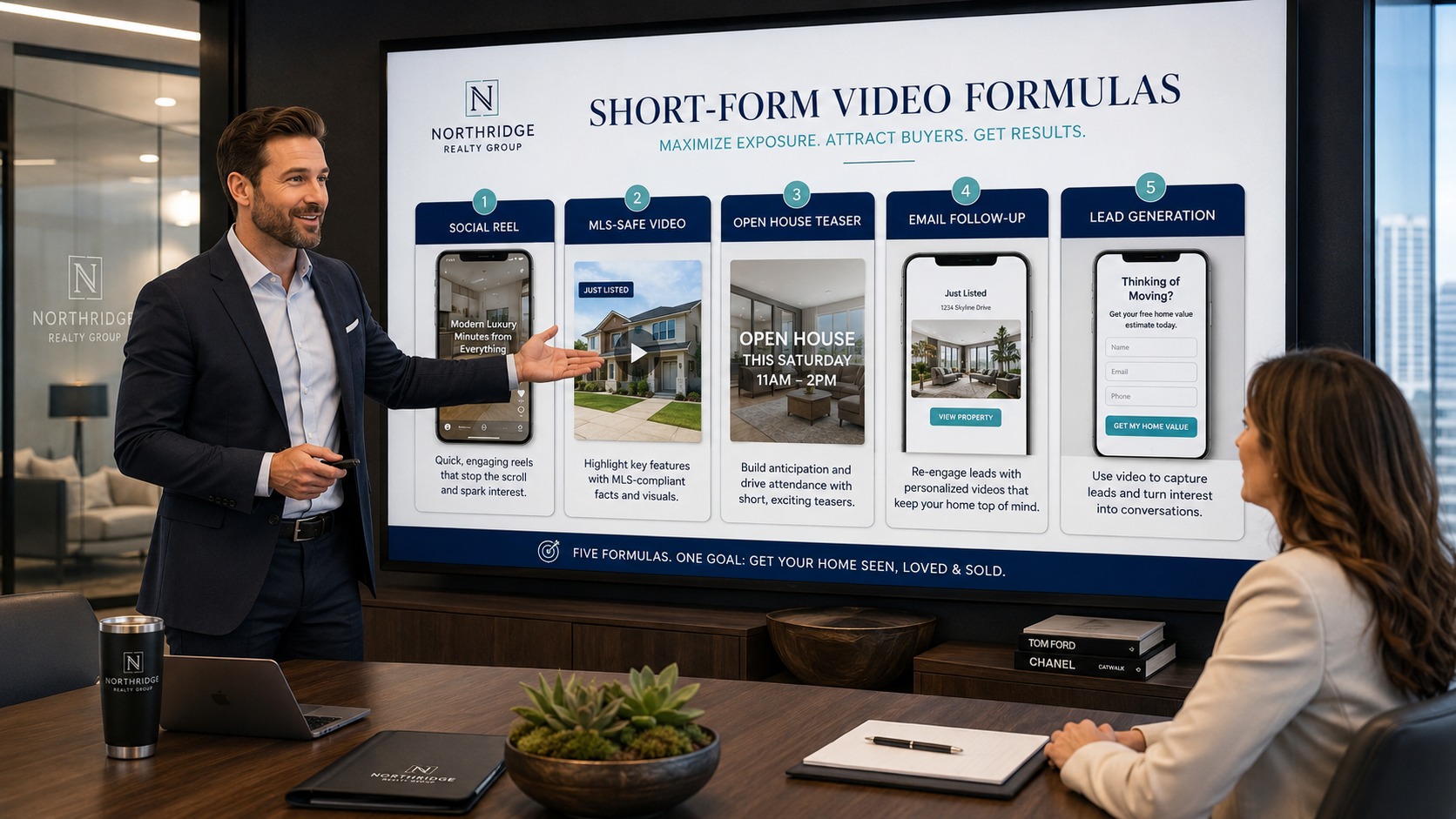 Seller presentation slide showing how short-form real estate video formulas support listing marketing and lead generation.