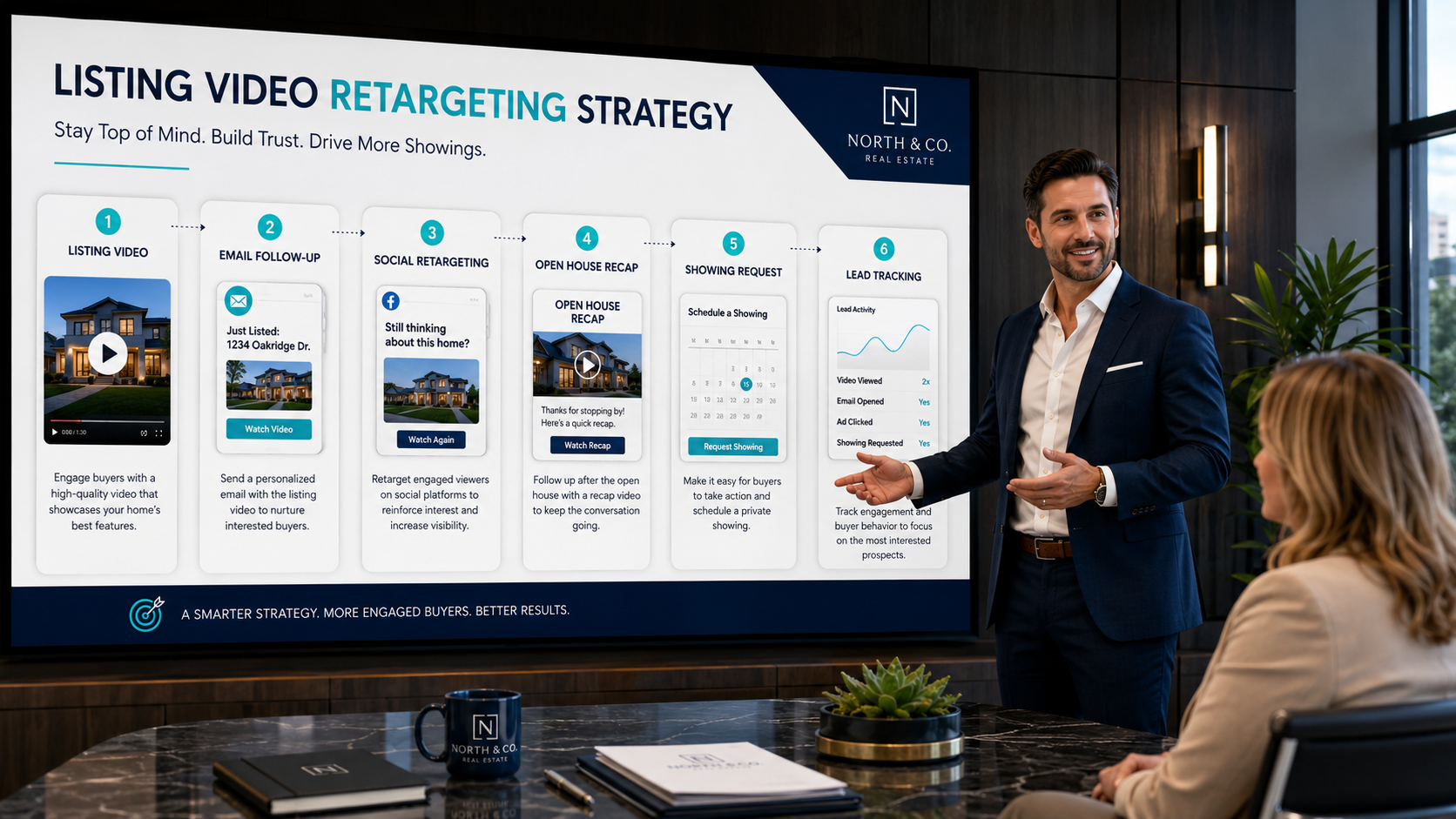 Brokerage presentation slide showing how video retargeting supports listing follow-up, buyer engagement, and appointment requests.
