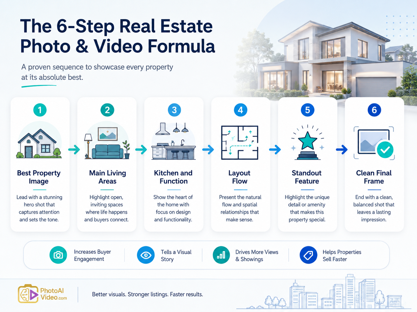 Infographic showing the ideal structure for an engaging unbranded real estate listing video.