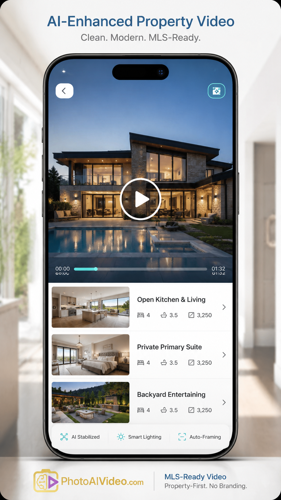 Smartphone mockup showing a clean unbranded property video with neutral captions and a luxury home image.