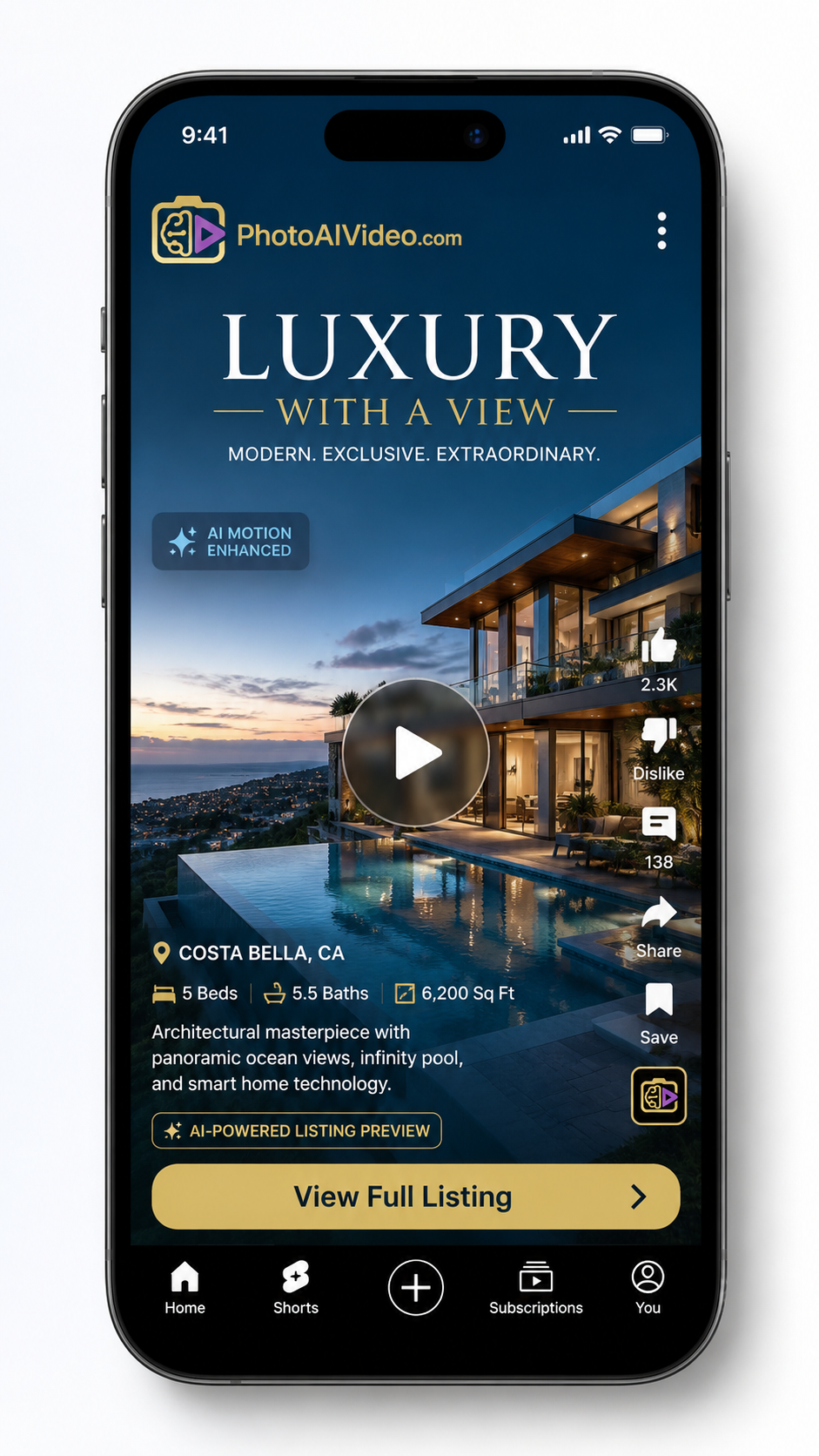 Smartphone mockup showing a Realtor YouTube Short listing teaser with hook text, luxury home video, play button, and property click CTA.