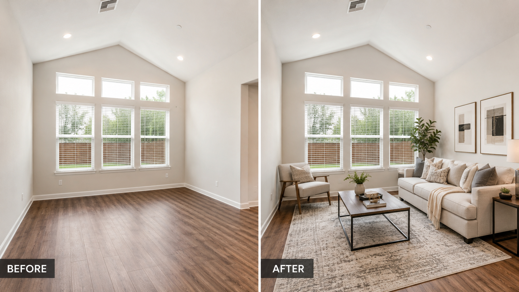 Before and after image showing an empty living room transformed with AI virtual staging