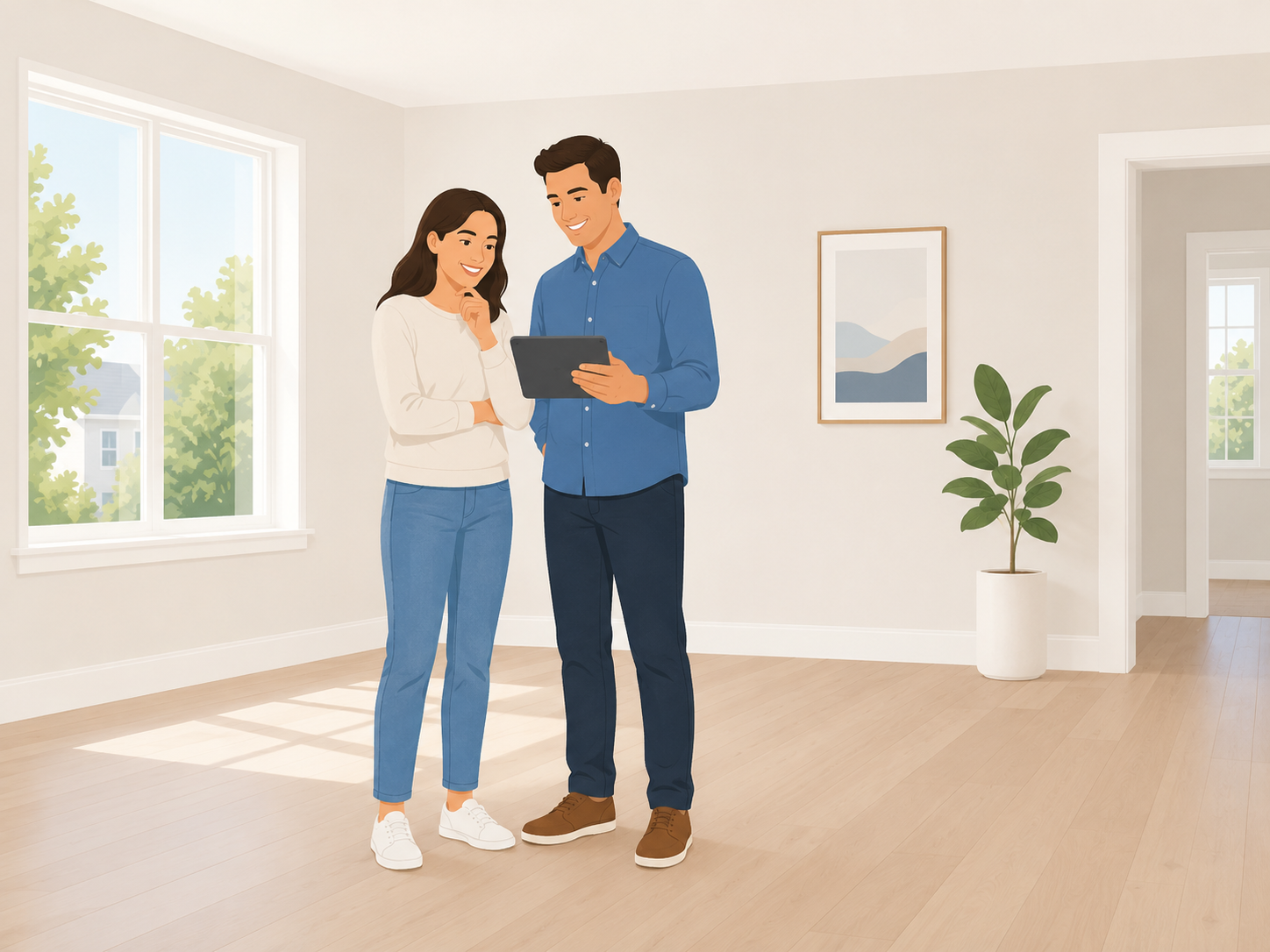 Media professional showing an agent a staged image preview on a tablet during a listing walkthrough