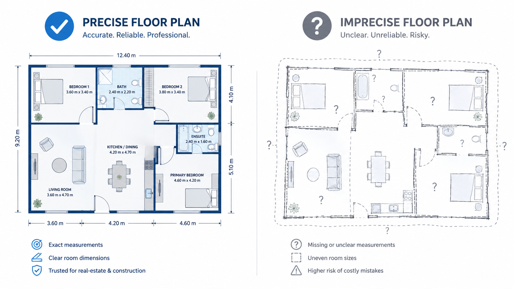 Comparison graphic showing accurate measured floor plans versus rough estimate floor plans Image