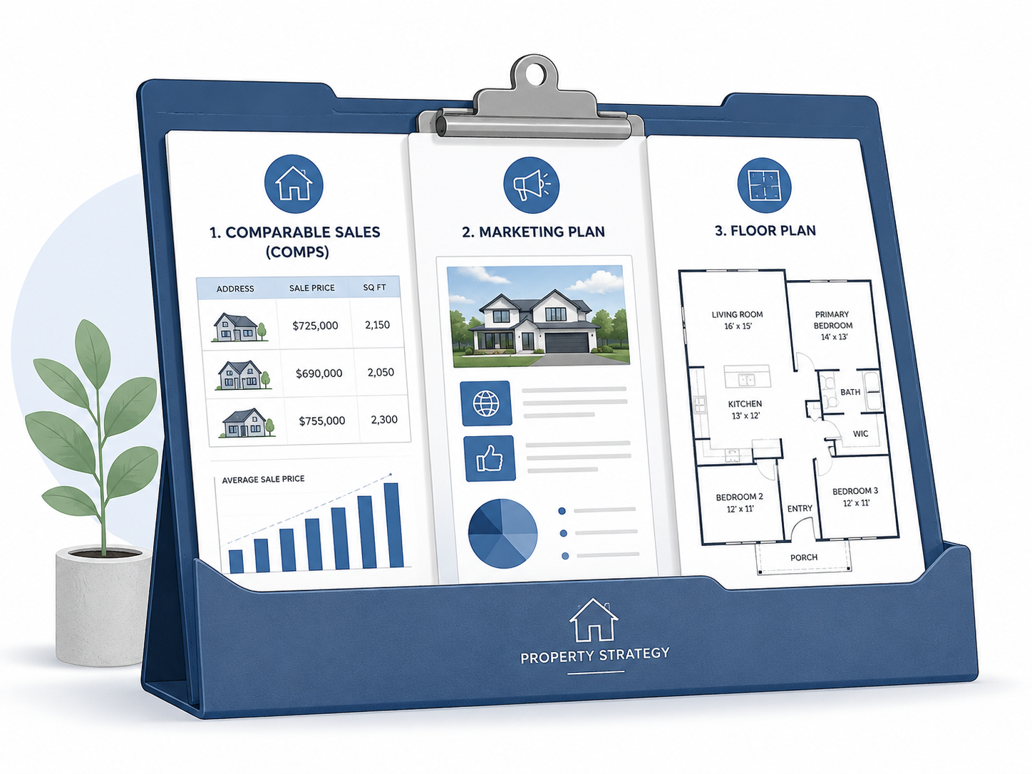 Illustration of a listing presentation folder including comps, marketing plan, and a floor plan