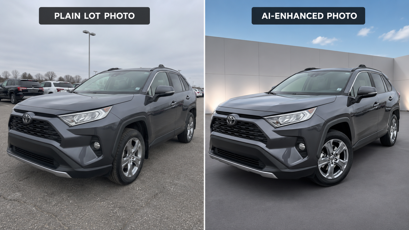 Side-by-side comparison of a standard vehicle listing photo and an AI-enhanced version