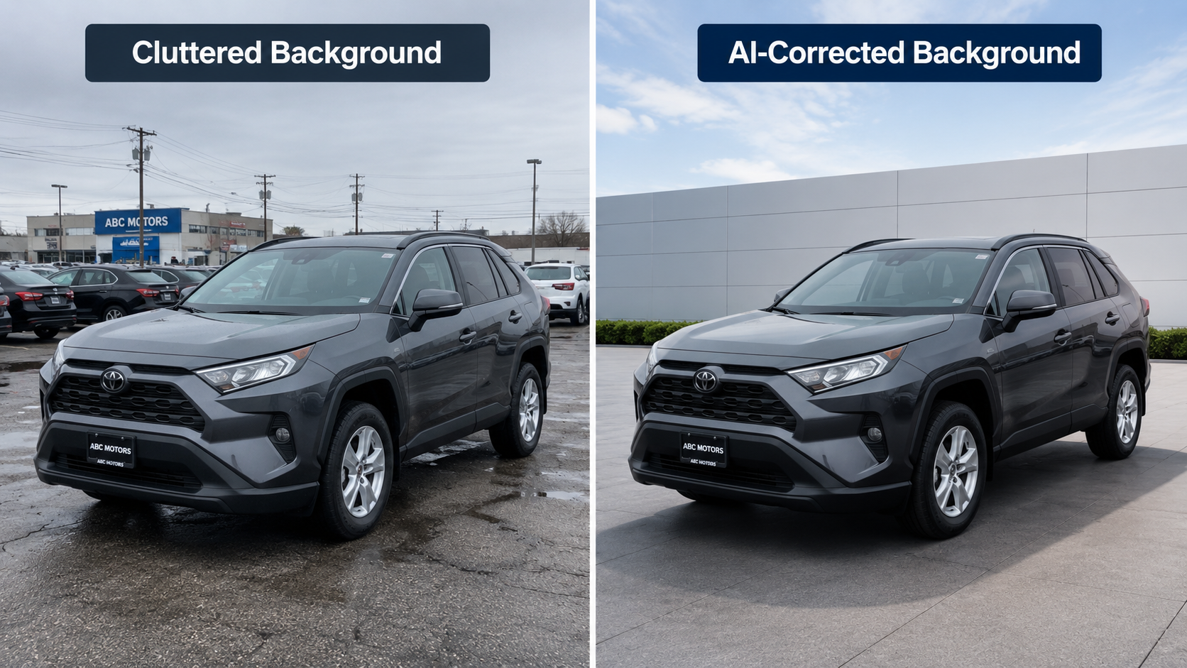 Before and after example of AI-powered vehicle photo backgrounding