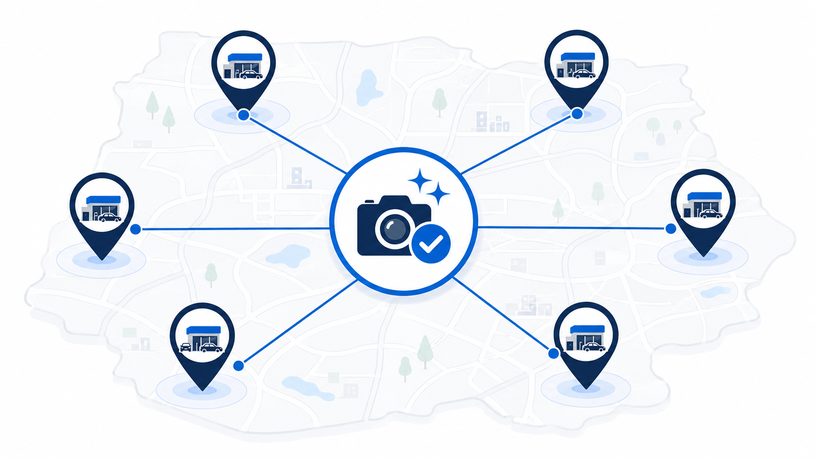 Map graphic showing consistent vehicle photo standards applied across multiple dealership locations