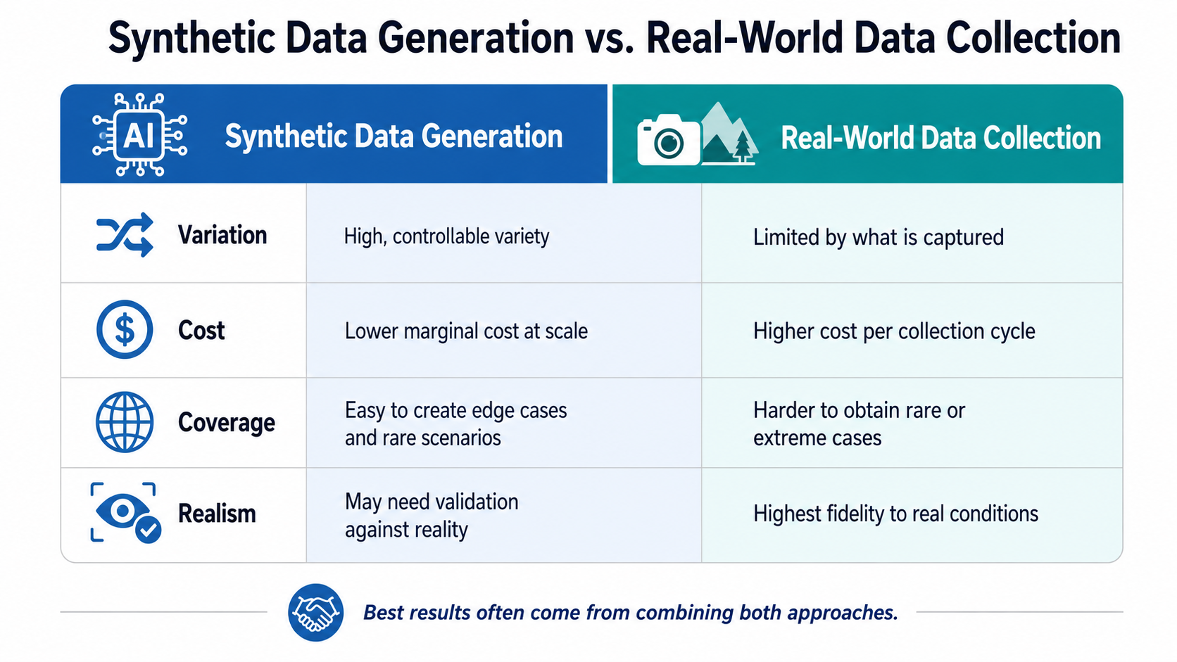 Infographic comparing real-world AI training data collection to synthetic data generation
