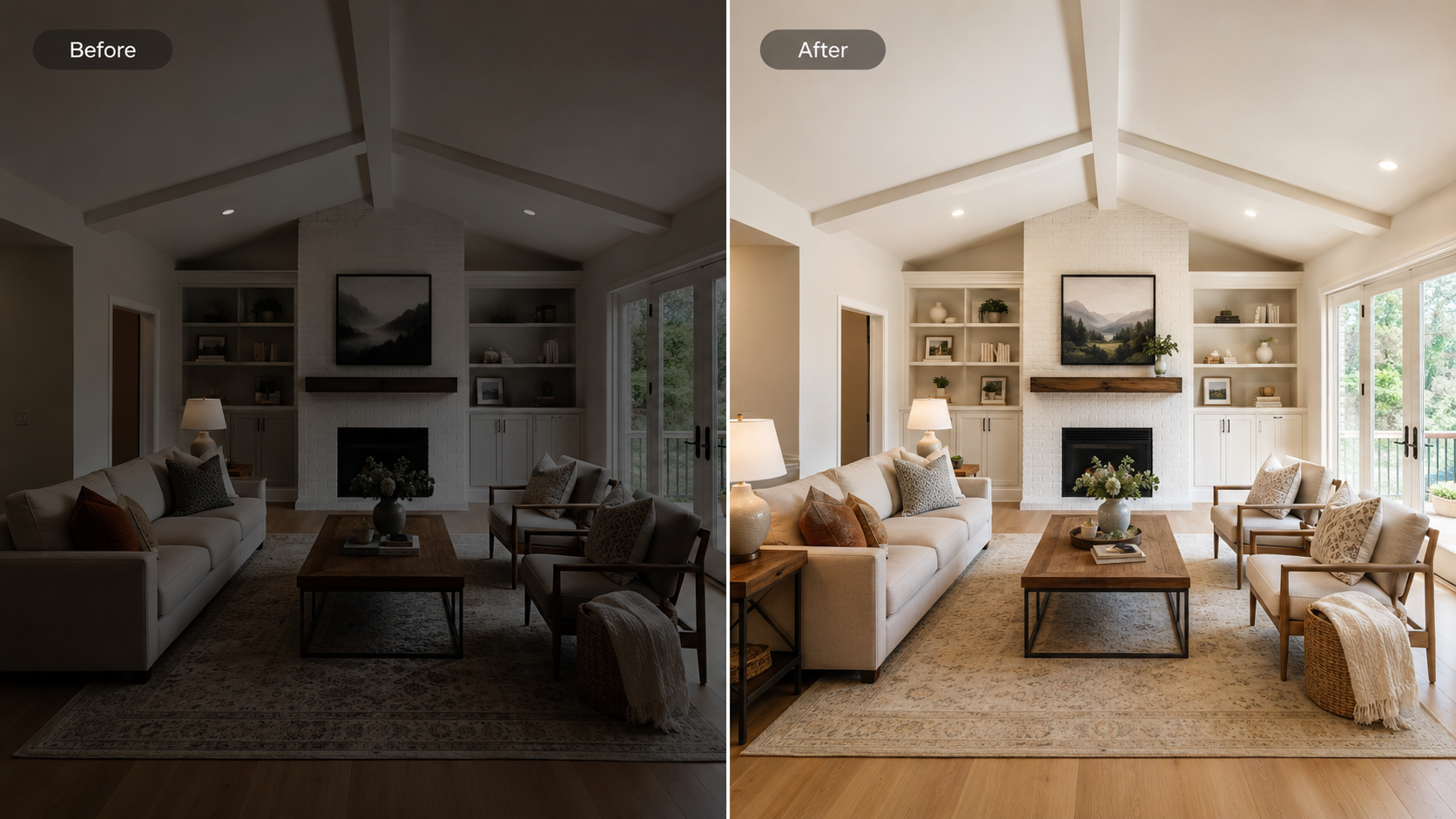 Side-by-side comparison of AI video output from mixed-quality real estate photos