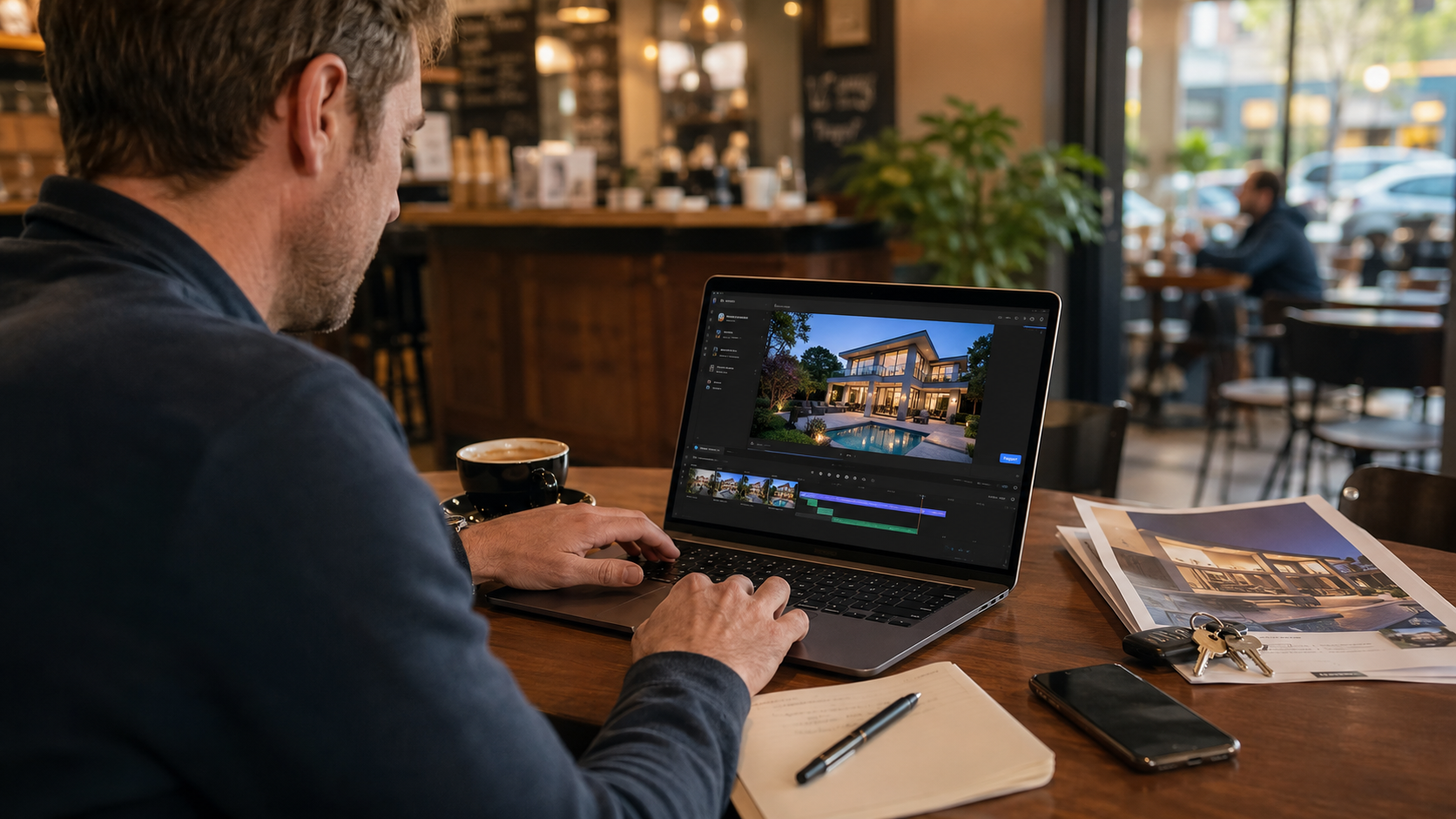 Solo real estate agent using a fast video render workflow on a laptop