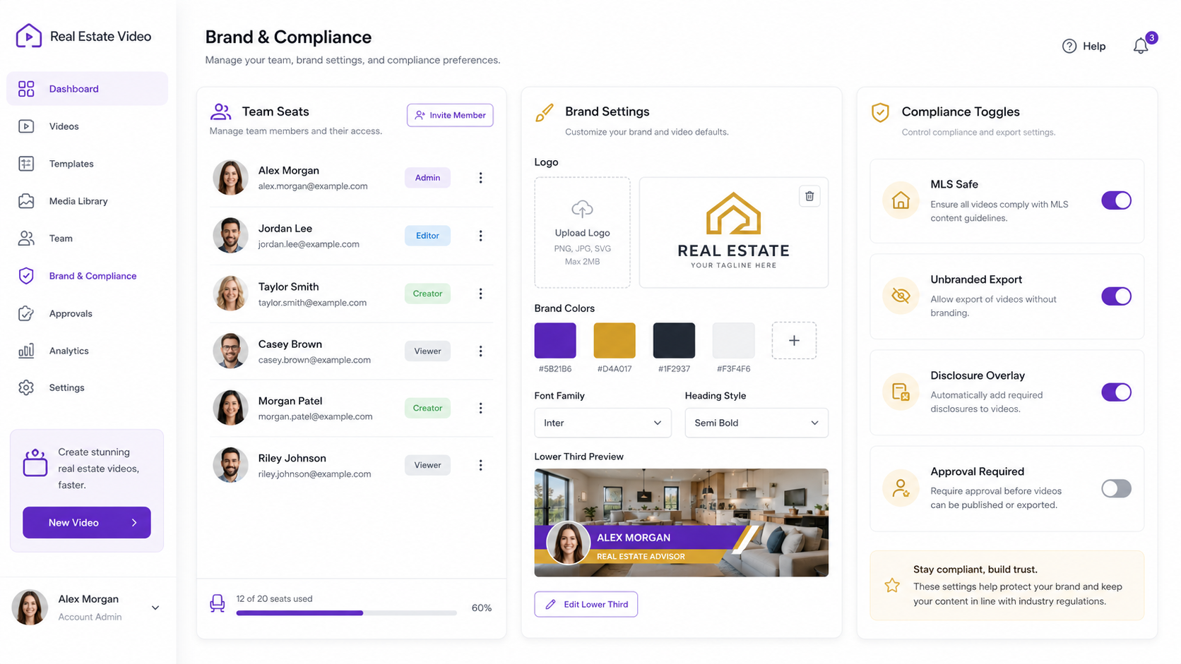 Brokerage dashboard showing team governance and seat management for video software