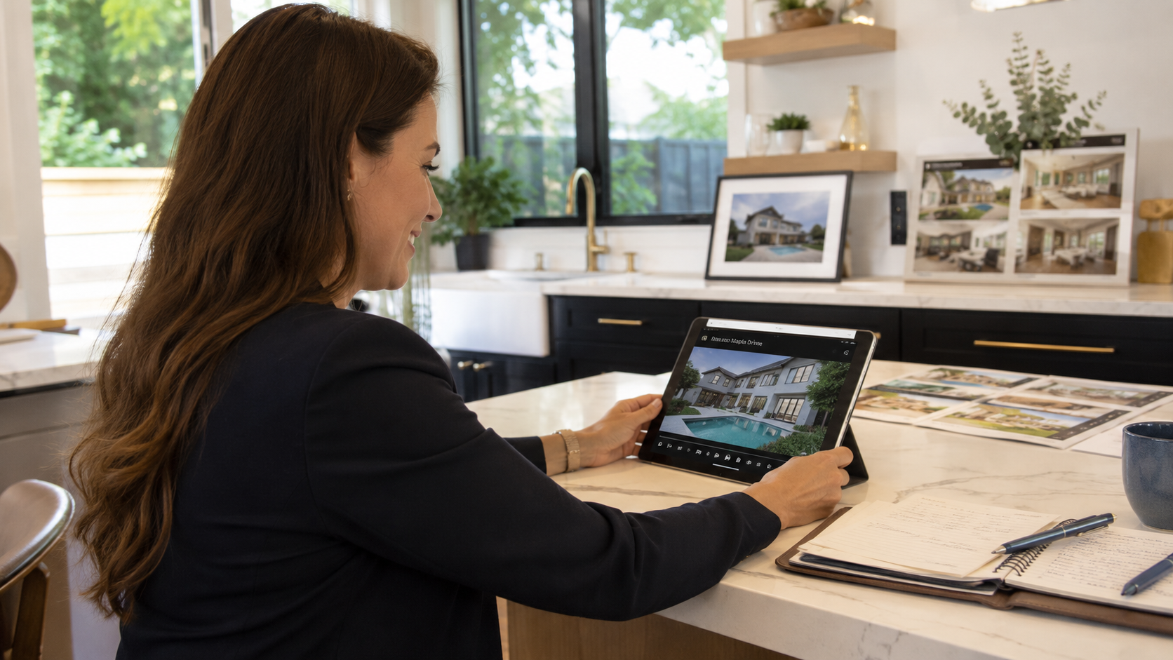 Real estate agent reviewing a finished listing video on a tablet before an open house