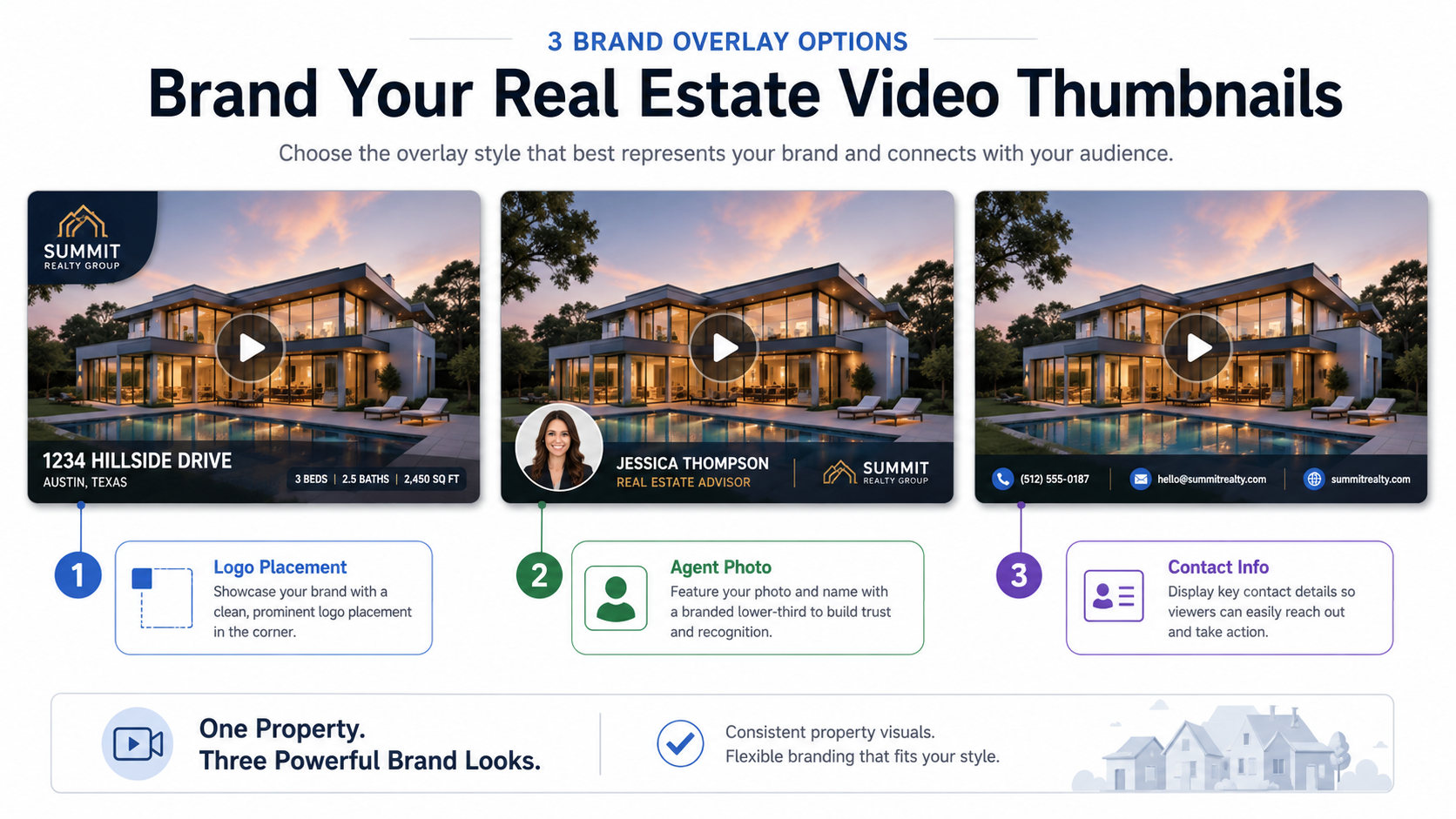 Comparison of branded real estate video templates with logo and contact overlay
