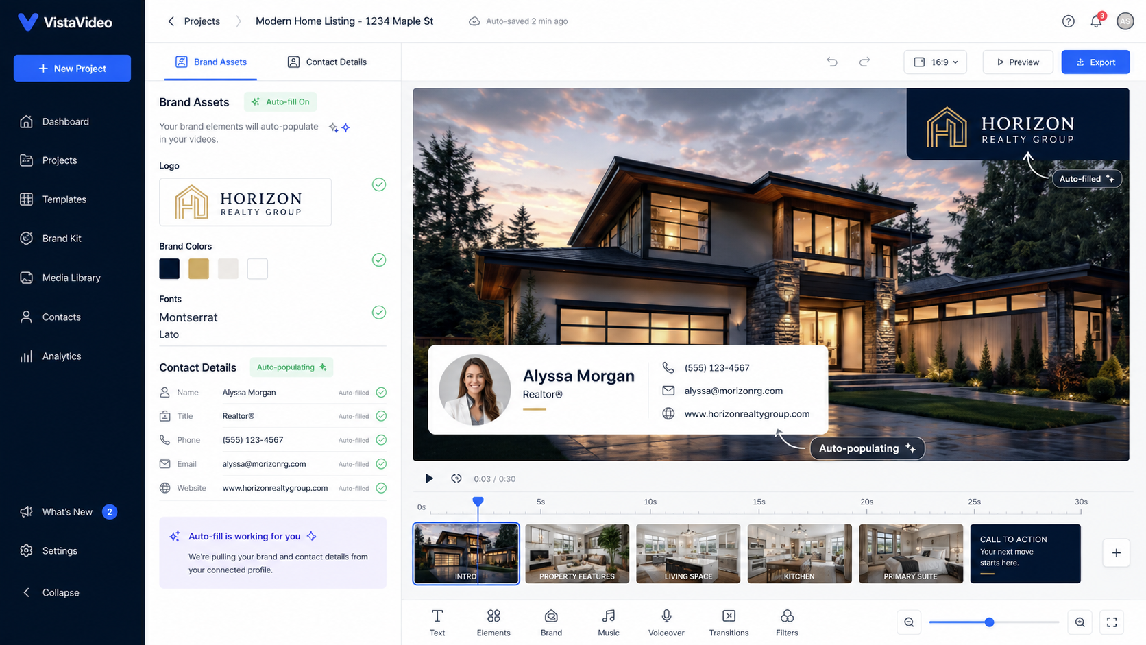 Real estate brand kit automatically applied to a listing video template