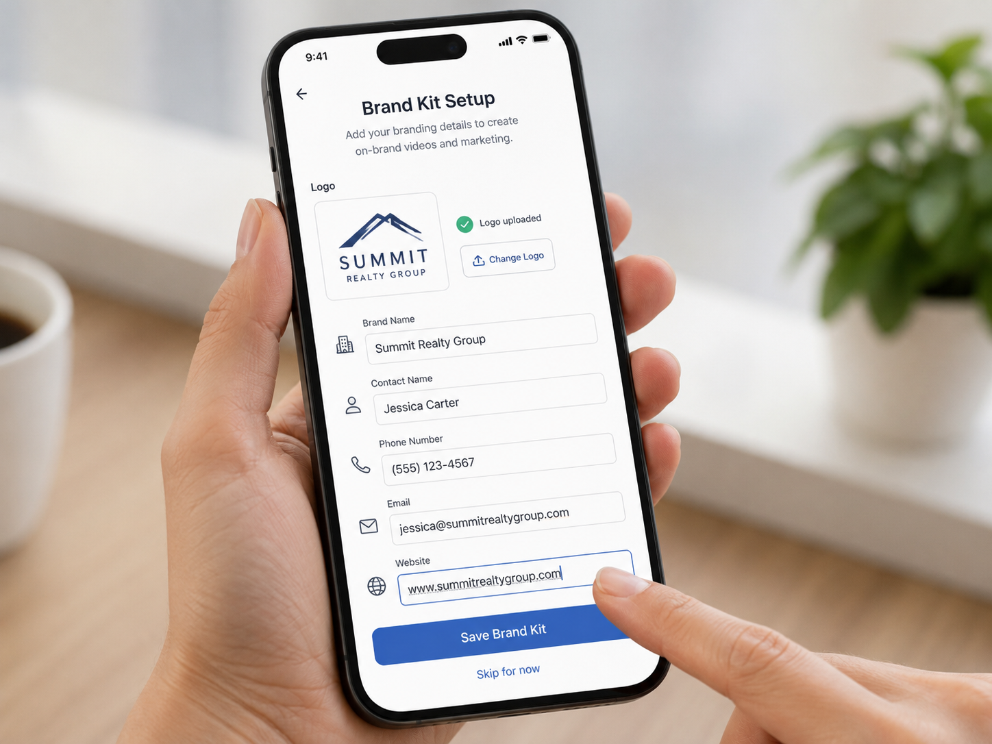 Solo agent setting up a brand kit once on mobile for future listing videos