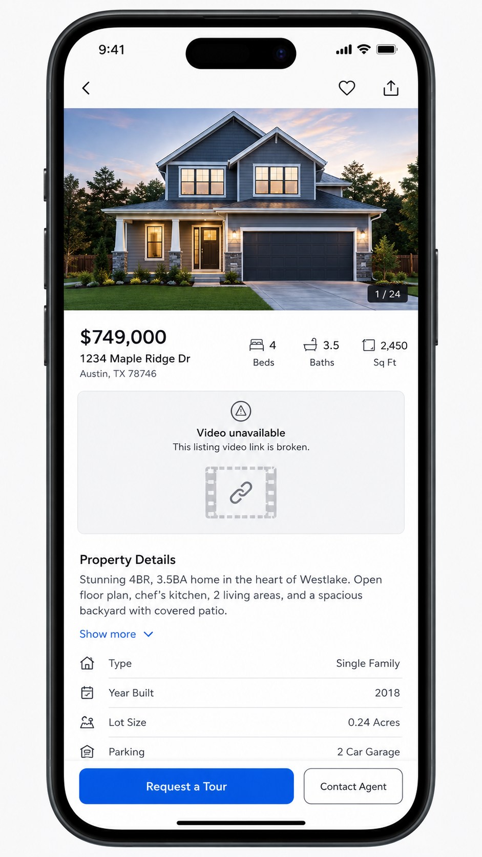 Expired or broken real estate video link discovered on an older listing