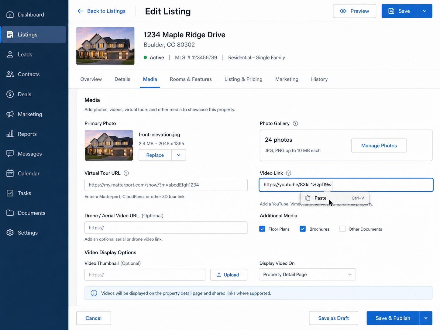 Real estate video link being added to an MLS listing field
