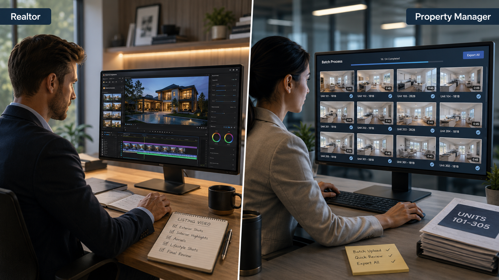 Side-by-side comparison of a Realtor and a property manager creating listing videos