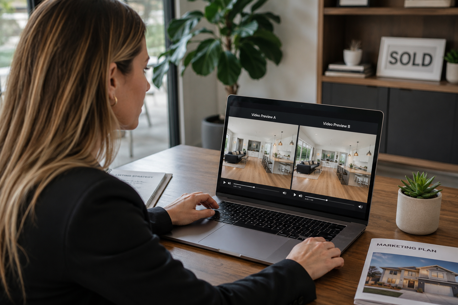 Real estate agent reviewing a listing video generated during a free software trial