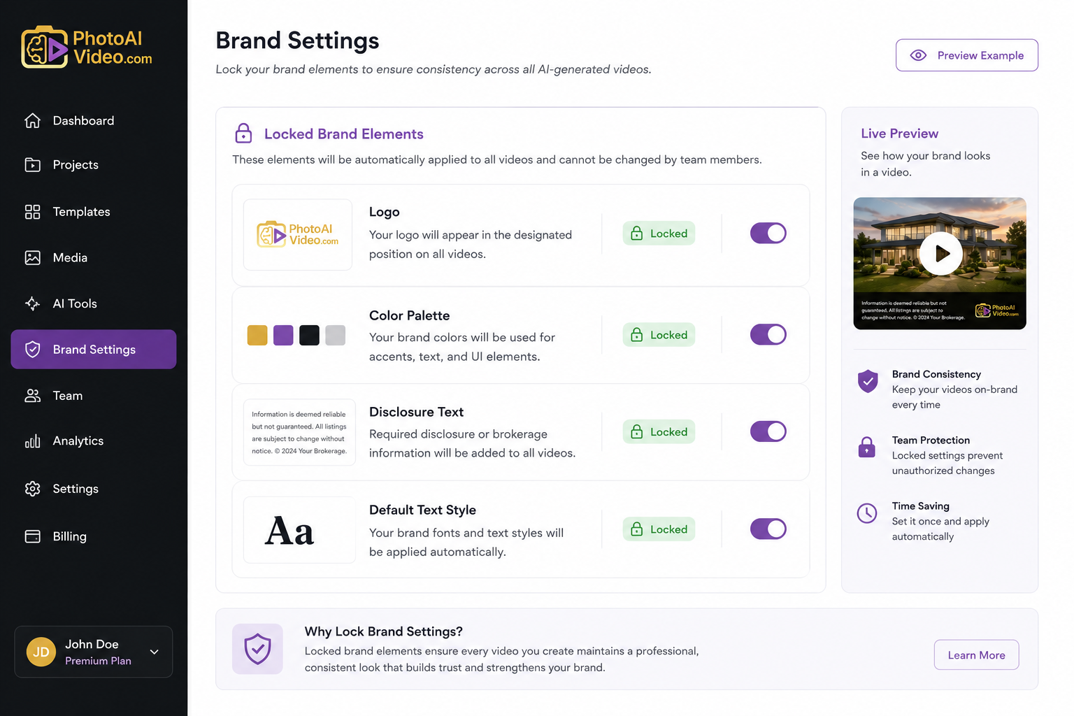 Brand consistency settings panel showing locked logo and color scheme controls for a real estate team account