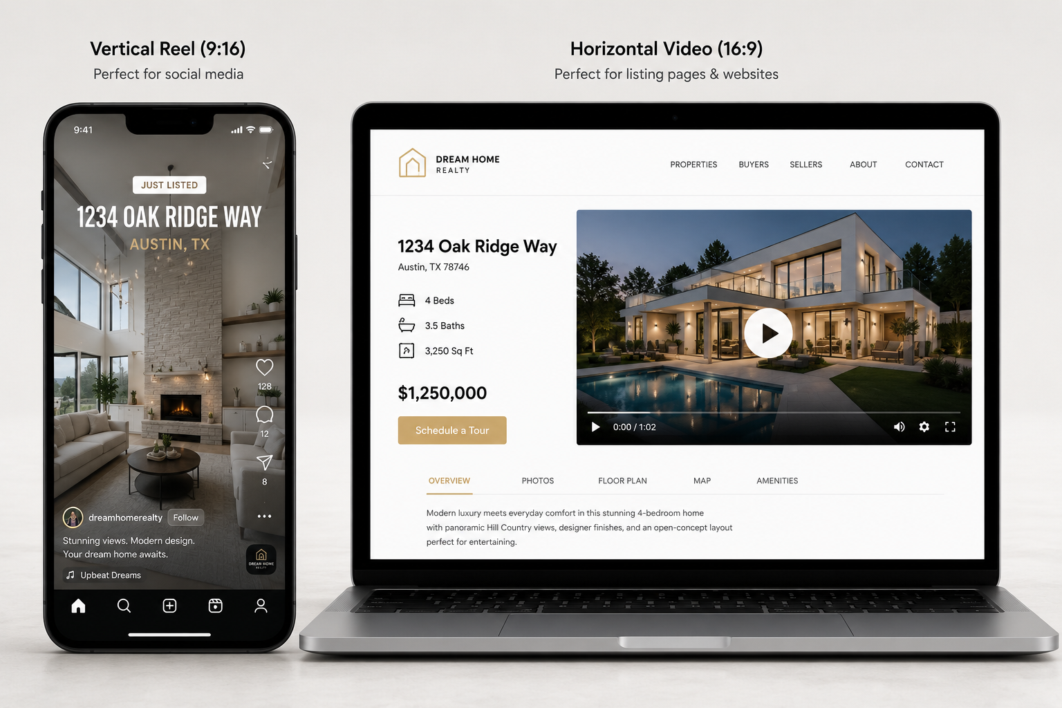 Side-by-side comparison of vertical social media video export and horizontal listing page video export