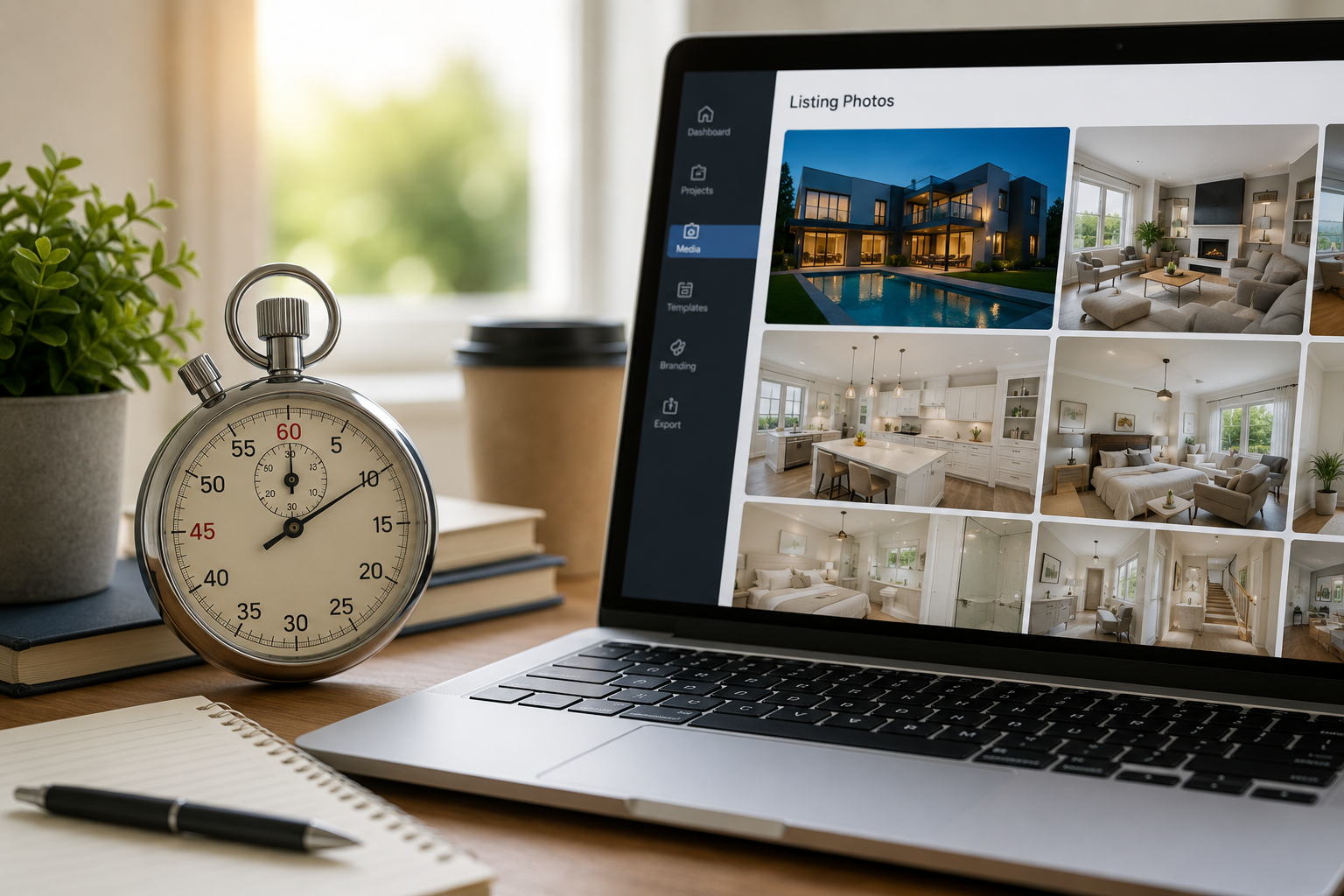 Stopwatch overlaid on a real estate listing photo folder representing a workflow time audit