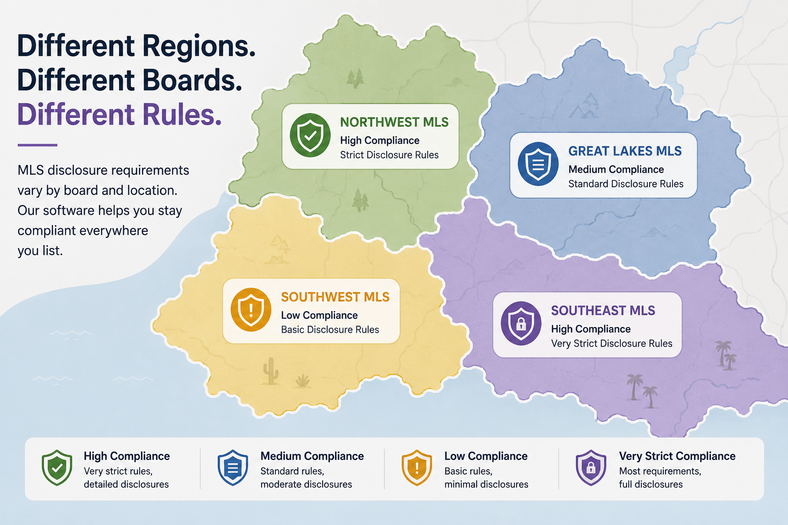 Map showing a brokerage operating across multiple MLS board regions, each with a distinct compliance profile
