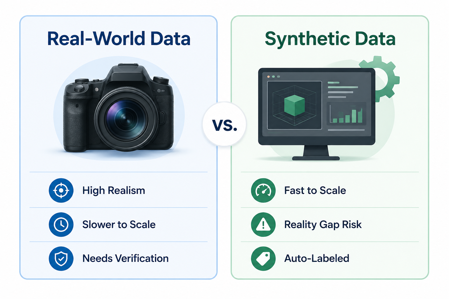 Comparison infographic showing Real-World Data versus Synthetic Data for AI training, highlighting key differences such as high realism, slower scalability, and verification needs for real-world data, versus fast scalability, reality gap risk, and auto-labeling for synthetic data.