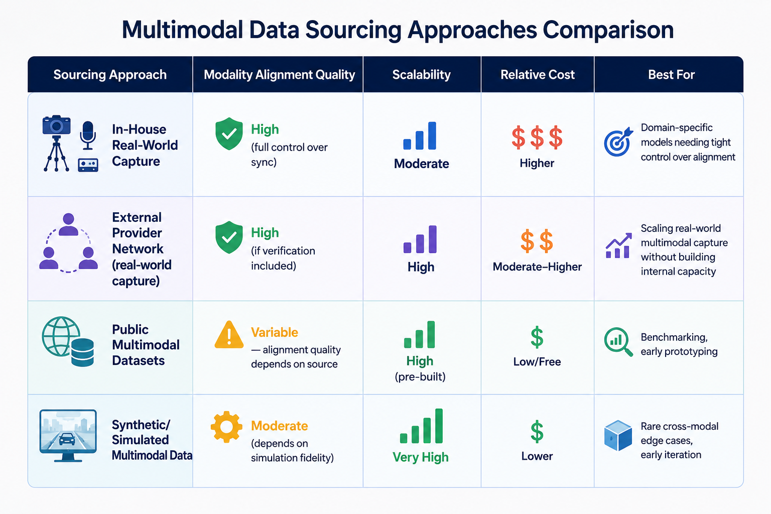 Comparison table of multimodal data sourcing approaches for AI training, including in-house real-world capture, external provider networks, public multimodal datasets, and synthetic data, evaluated by alignment quality, scalability, cost, and ideal use cases.